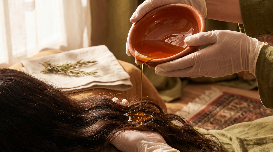Bain d'huile cheveux marocain traditionnel — versement d'huile dorée sur longueurs