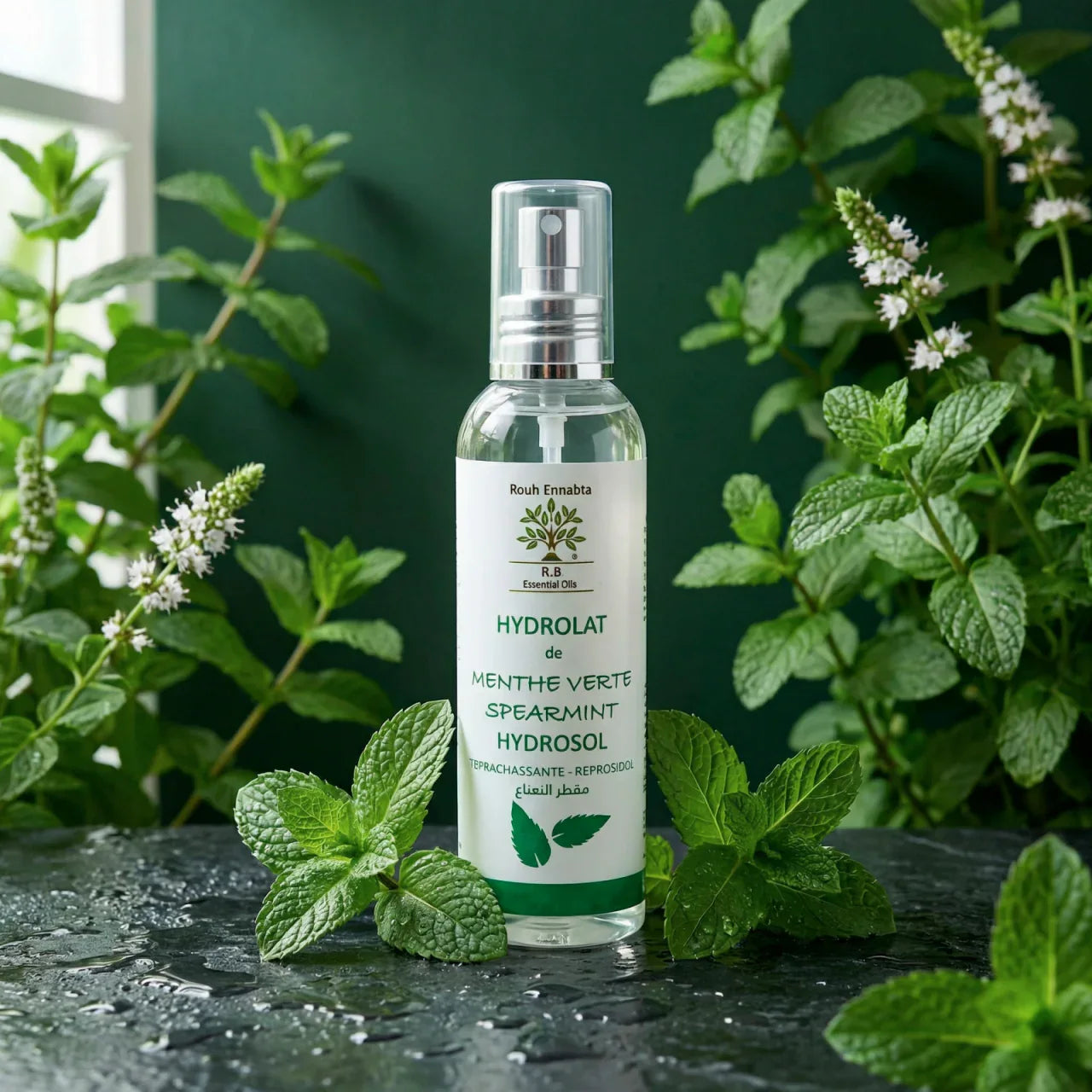 Flacon spray d'Hydrolat de Menthe Verte BIO Rouh Ennabta posé sur ardoise humide entouré de feuilles de menthe fraîche