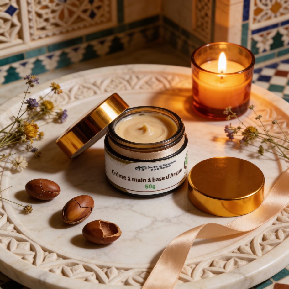 Open jar of Crème Mains Hydratante à l'Argan – Nutrition Quotidienne with argan nuts, candle, and dried flowers on marble tray