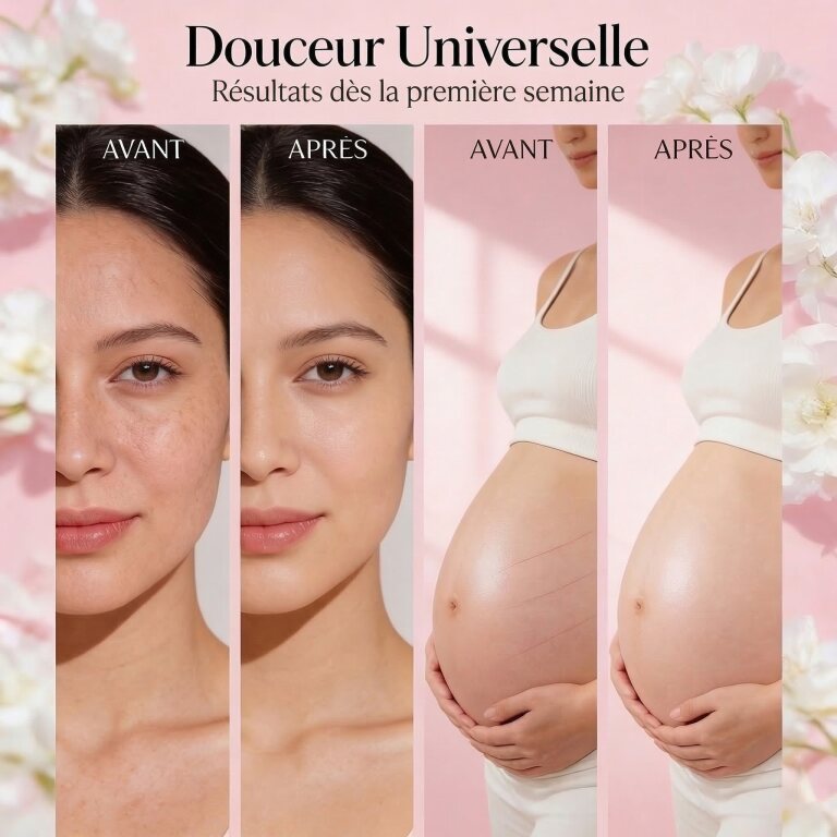 Before and after results showing improved skin and reduced stretch marks from Huile d'Amande Douce BIO – Douceur Universelle use