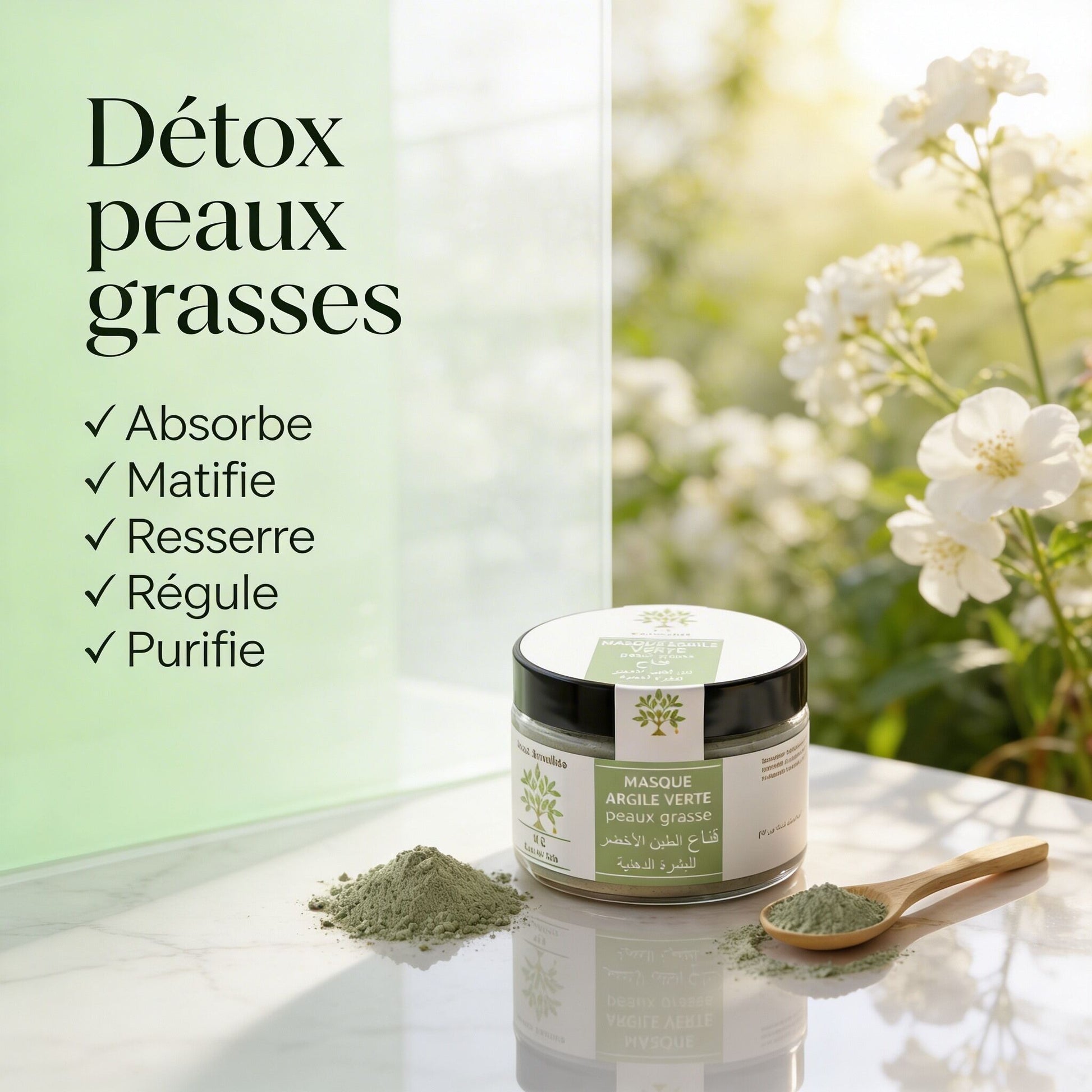 Masque Purifiant à l'Argile Verte container with green clay powder and flowers in soft natural light background