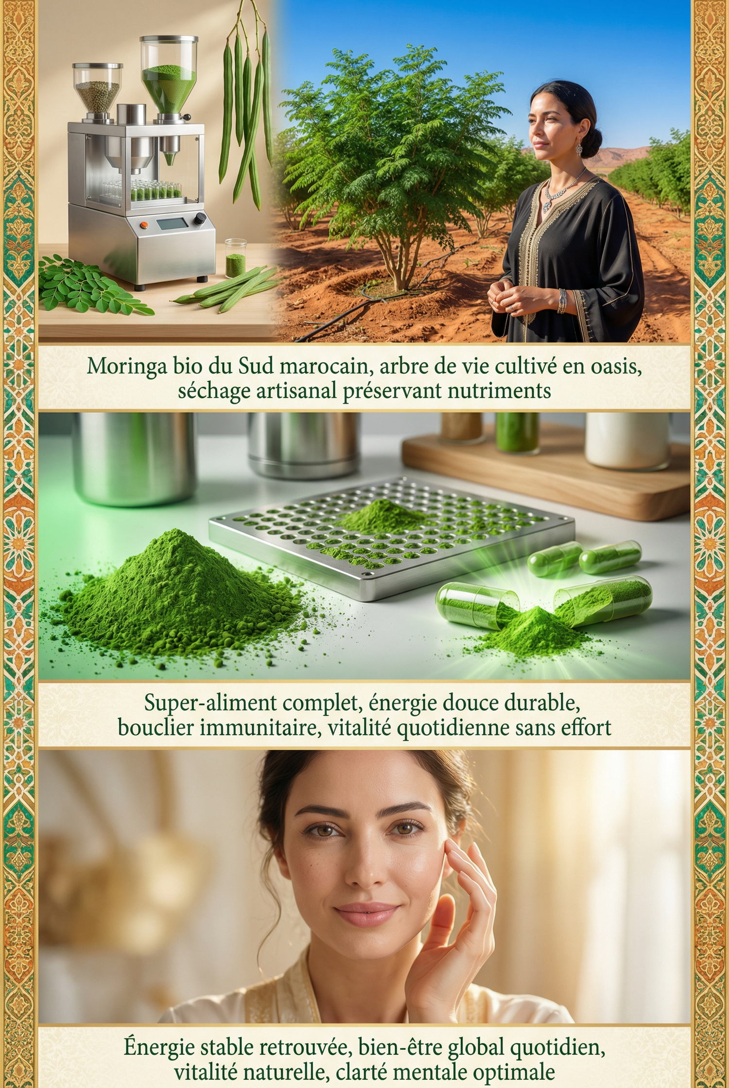Collage showing moringa powder production, a thriving moringa tree in an oasis, and a woman with glowing skin representing wellness benefits.