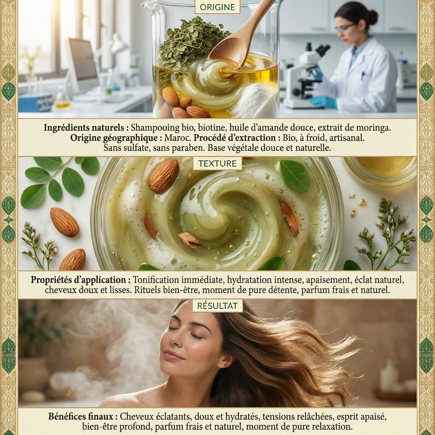 Laboratory scientist analyzing ingredients, close-up of creamy hair product with almonds and leaves, and woman enjoying smooth hair results.