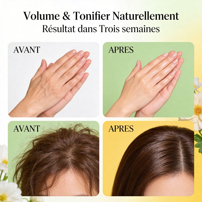 Before and after images showing improved hair volume and hand firmness using Huile de Fenugrec BIO – Volume & Fermeté.