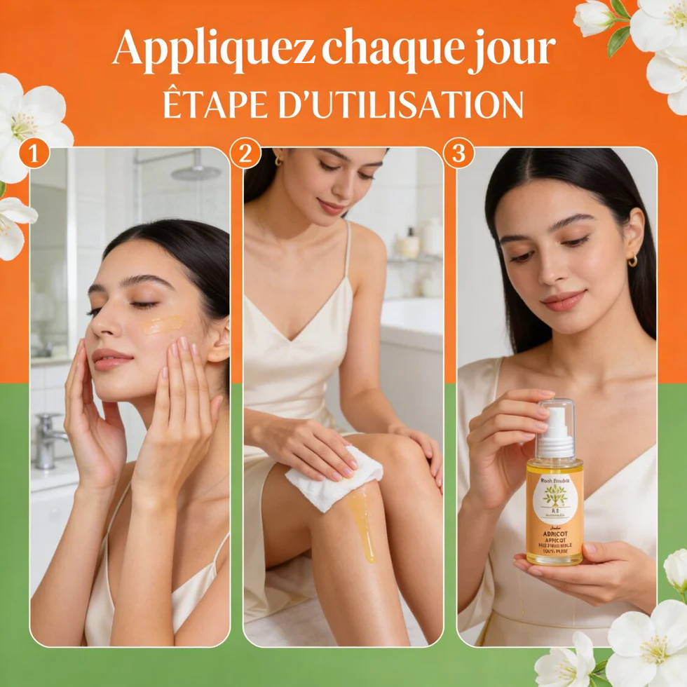 Woman applying Huile Noyau d'Abricot BIO – Éclat Bonne Mine on face and legs, holding the product bottle.