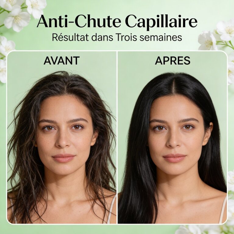 Before and after comparison of a woman showing hair improvement using Huile d'Ail BIO – Anti-Chute Capillaire in three weeks