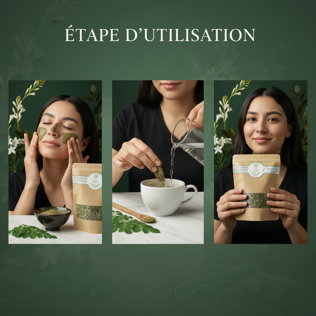 Woman using Moringa Oleifera BIO – Superaliment Beauté as face mask, making tea, and holding the product package.