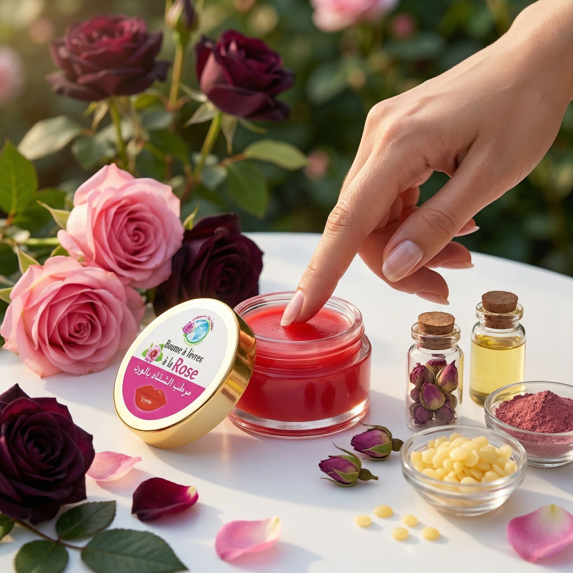 Baume à Lèvres Rose – Hydratation & Douceur Naturelle lip balm with rose petals, oils, and natural ingredients on white surface.