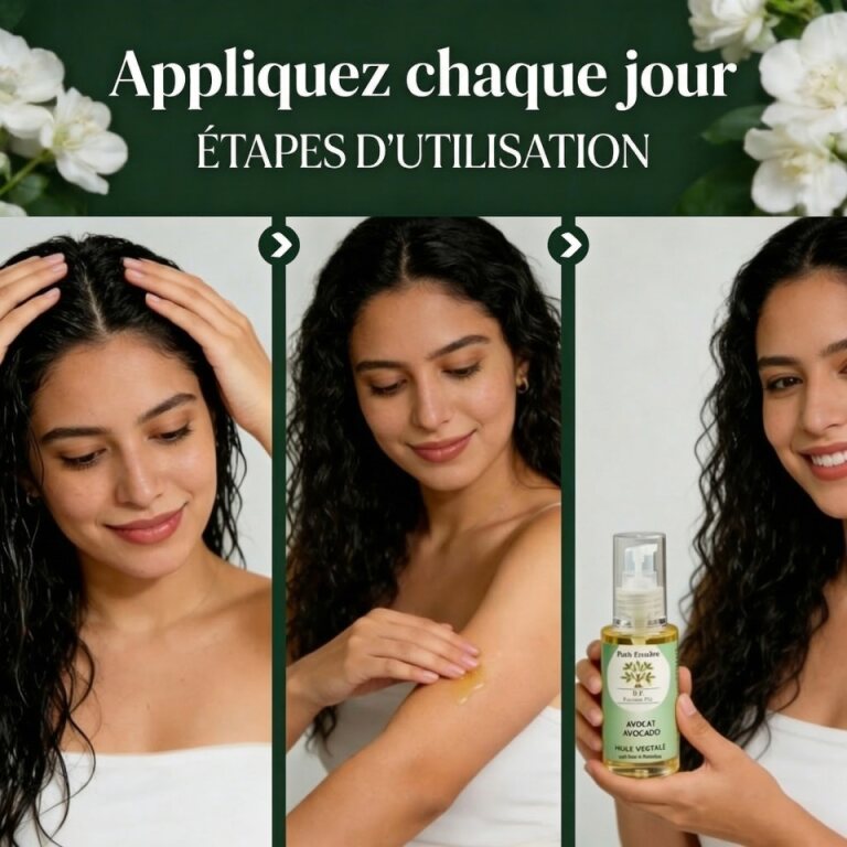 Woman demonstrating daily application steps of Huile d'Avocat BIO – Nutrition Réparatrice on skin with smiles and natural background.