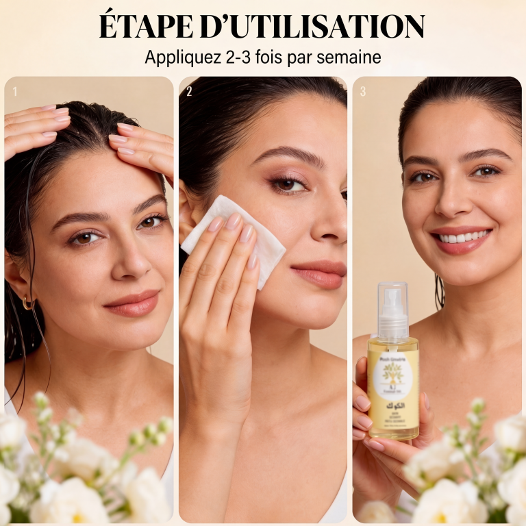 Woman demonstrating skincare routine using Huile de Coco BIO – Nutrition Multi-Usage oil for face and hair care.