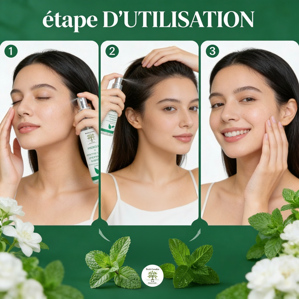 Hydrolat de Menthe Verte BIO – Étapes d'utilisation en 3 gestes : vaporiser, appliquer, masser le visage