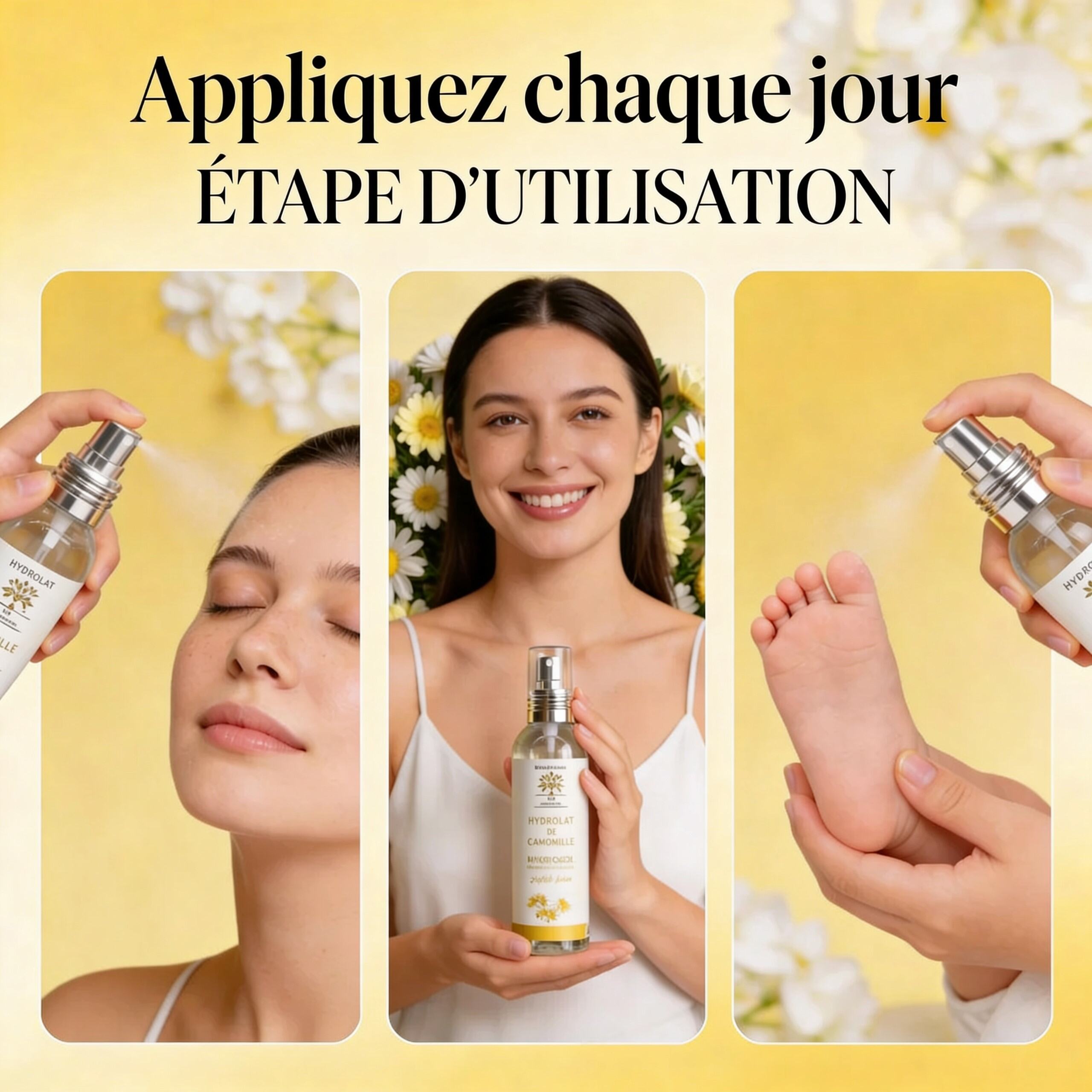 Woman demonstrating daily use of Hydrolat de Camomille BIO – Apaisant Yeux & Peau on face and feet with product bottle.