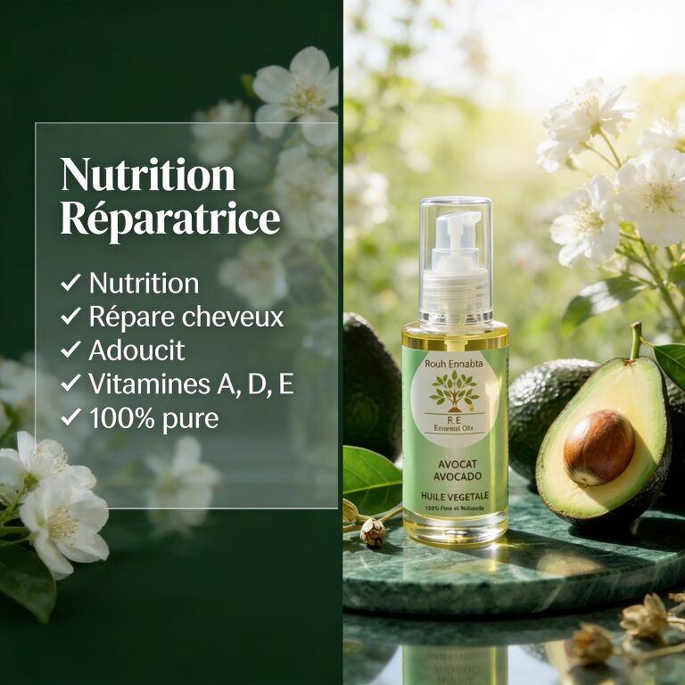 Huile d'Avocat BIO – Nutrition Réparatrice bottle with avocados and white flowers showcasing natural nourishing oil benefits