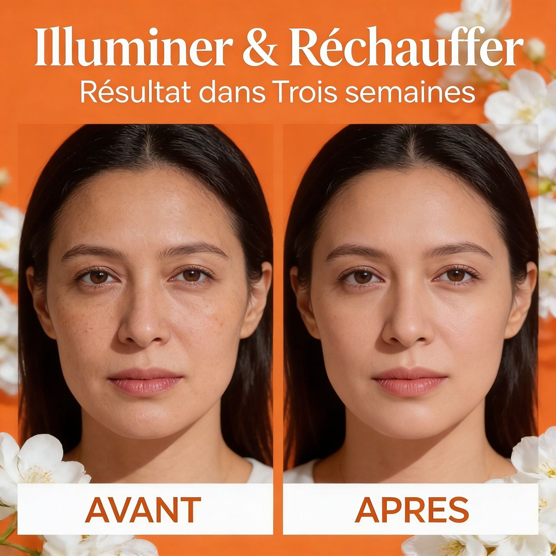 Before and after comparison of a woman’s face showing skin glow and warmth after using Huile Essentielle Orange Douce BIO | Éclat du teint & sérénité