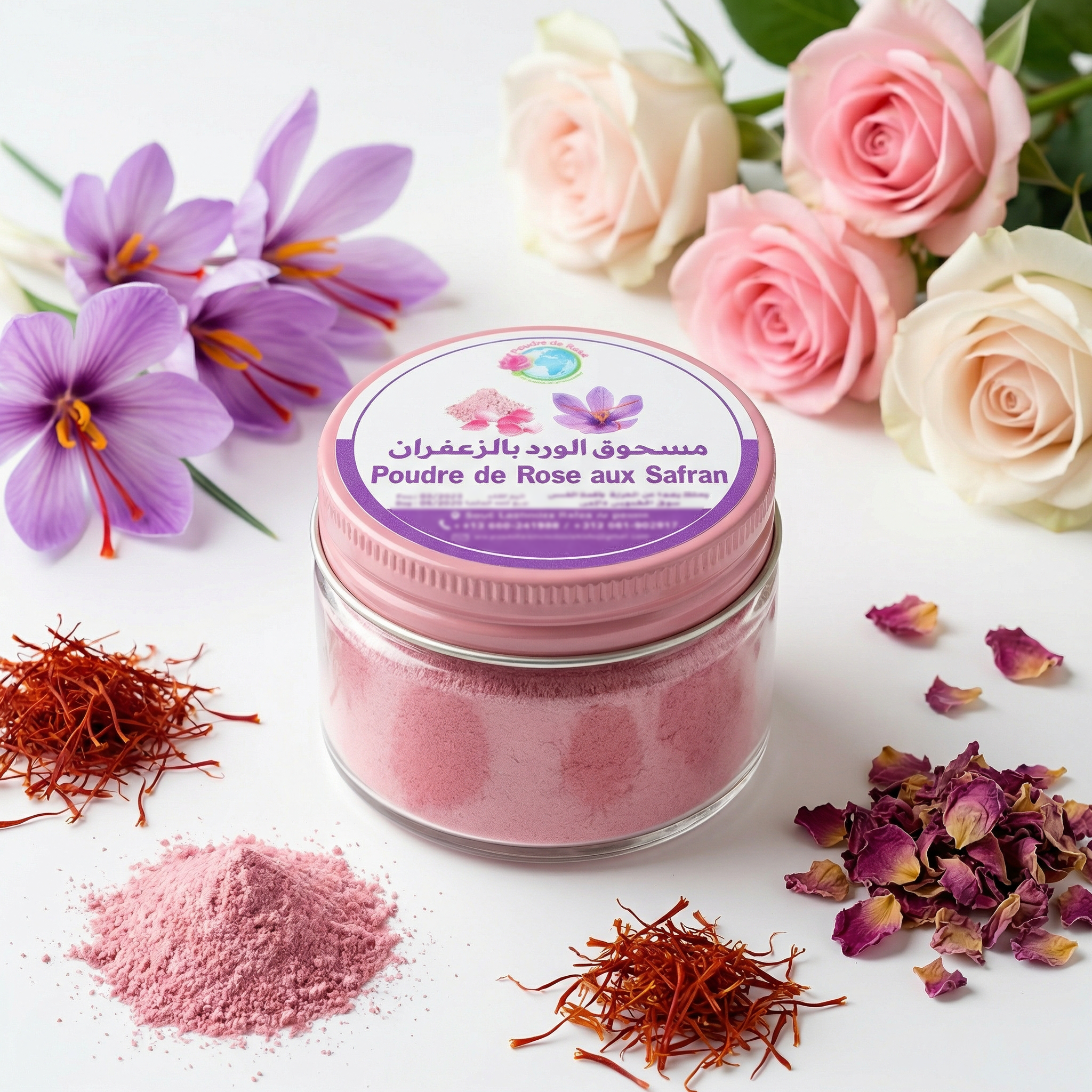 Jar of Poudre de Rose au Safran – Masque Éclat Premium surrounded by saffron, rose petals, and flowers on white background