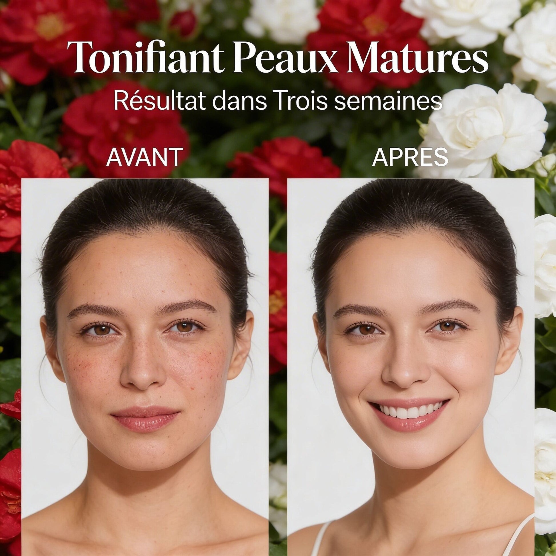 Before and after photos showing skin improvement after three weeks using Masque Éclat à l'Argile Rouge for mature skin toning.
