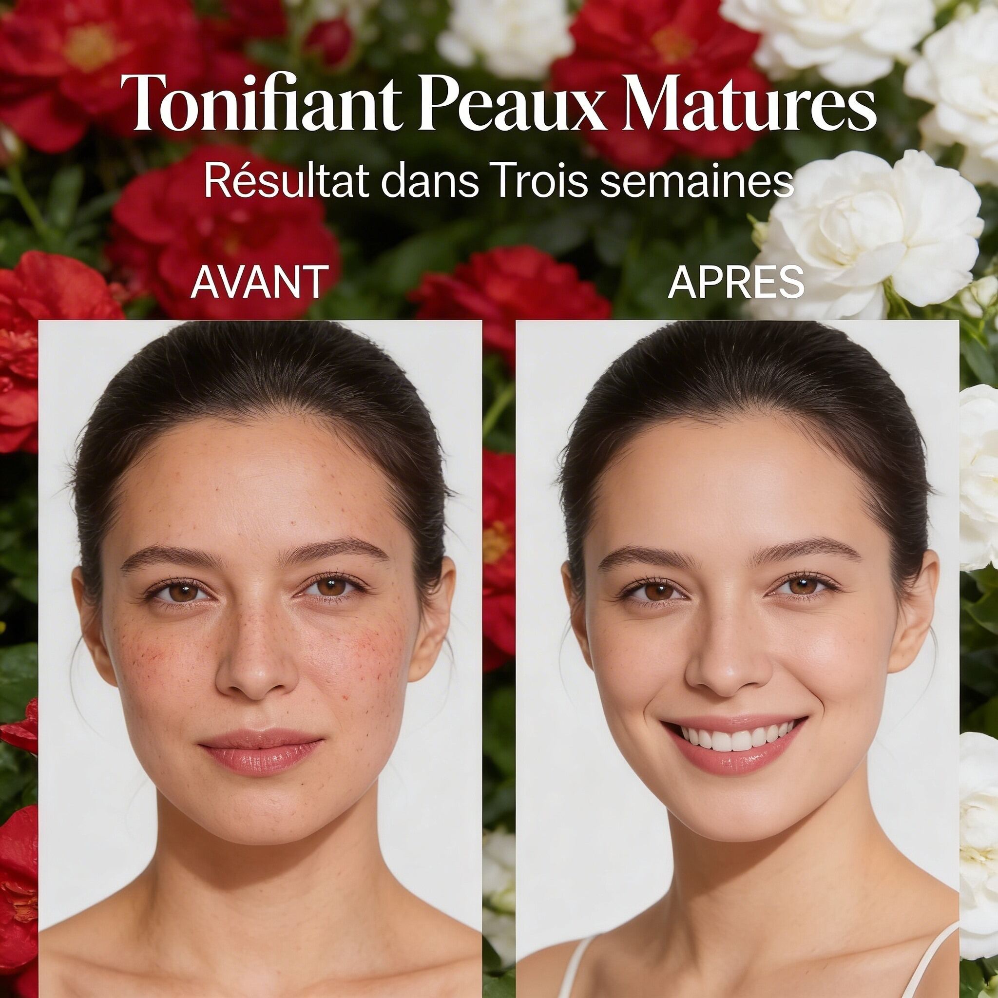 Before and after photos showing skin improvement after three weeks using Masque Éclat à l'Argile Rouge for mature skin toning.