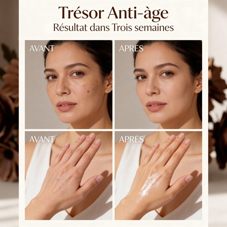 Before and after comparison of face and hands showing anti-aging effects of Huile d'Argan Pure BIO – Trésor Anti-âge after three weeks