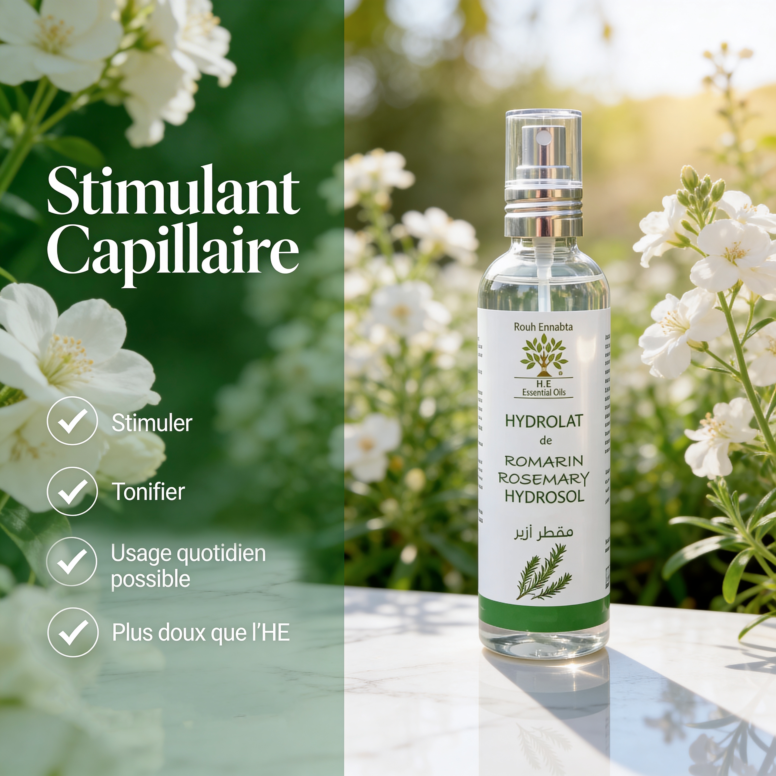 Clear bottle of Hydrolat de Romarin BIO – Stimulant Capillaire spray with white flowers in the background outdoors