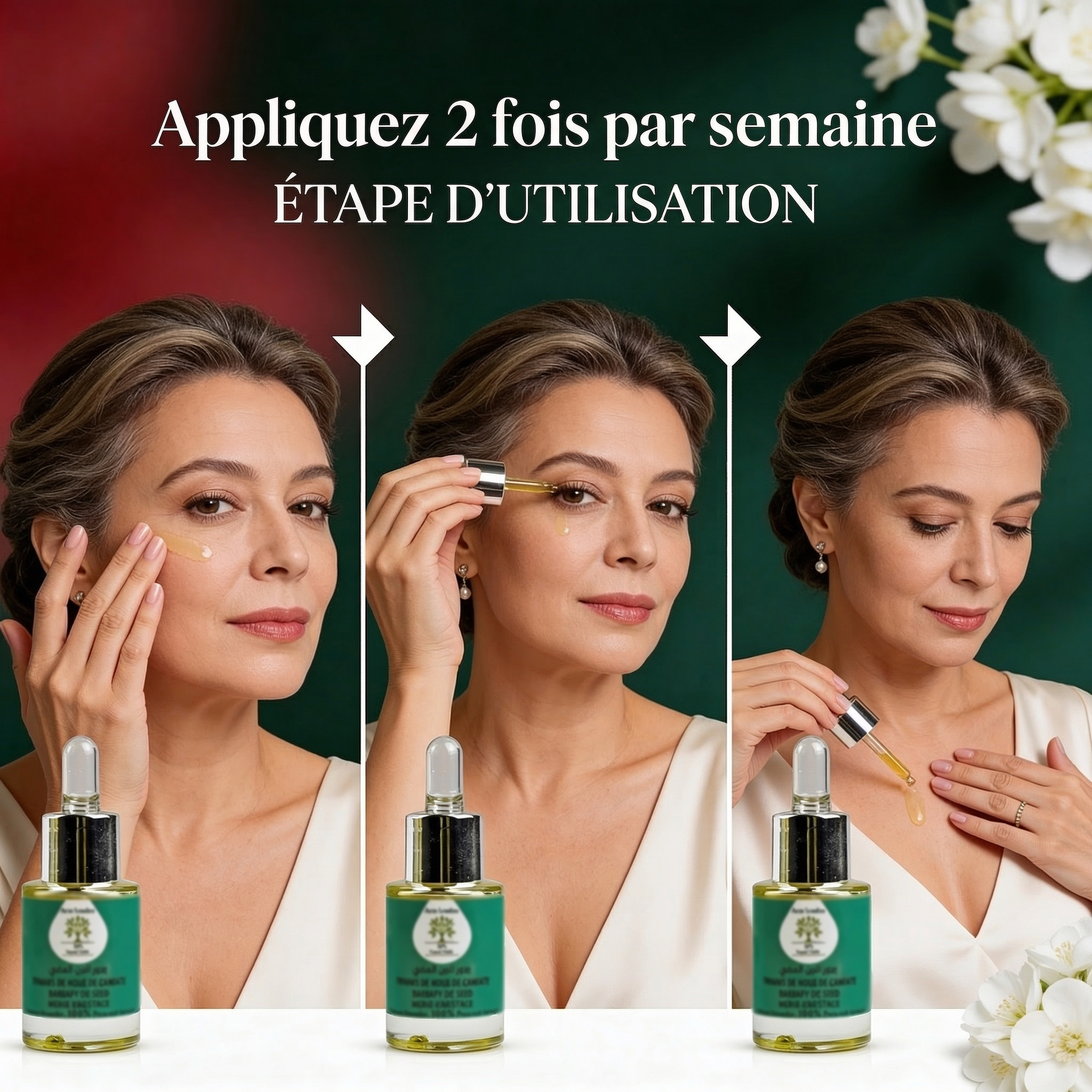 Woman demonstrating how to apply Huile Figue de Barbarie BIO – Anti-âge Ultime serum twice a week for anti-aging care.