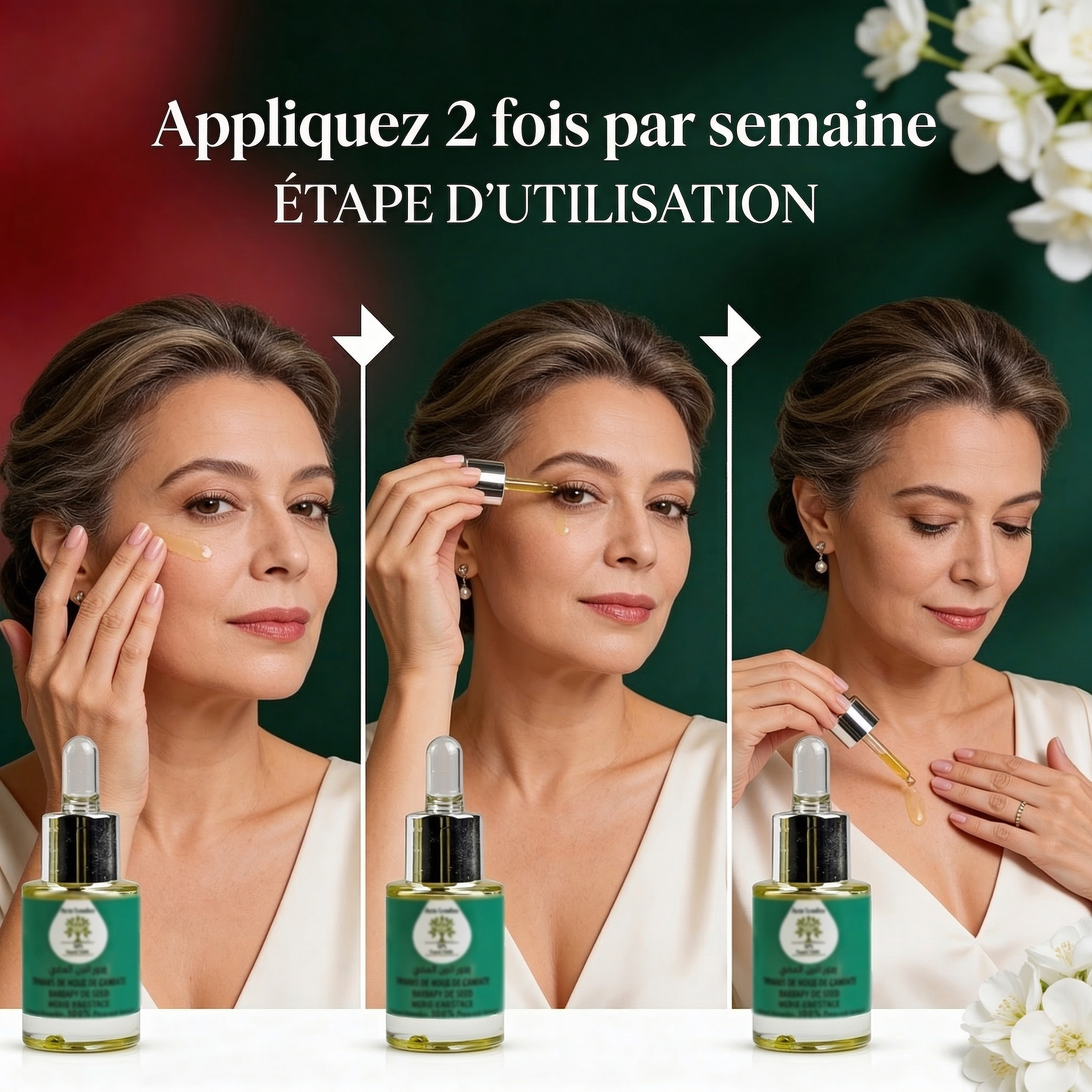 Woman demonstrating how to apply Huile Figue de Barbarie BIO – Anti-âge Ultime serum twice a week for anti-aging care.