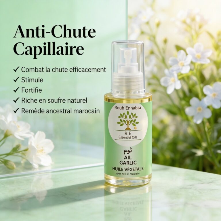 Huile d'Ail BIO – Anti-Chute Capillaire garlic oil bottle with flowers and anti-hair loss benefits text in background