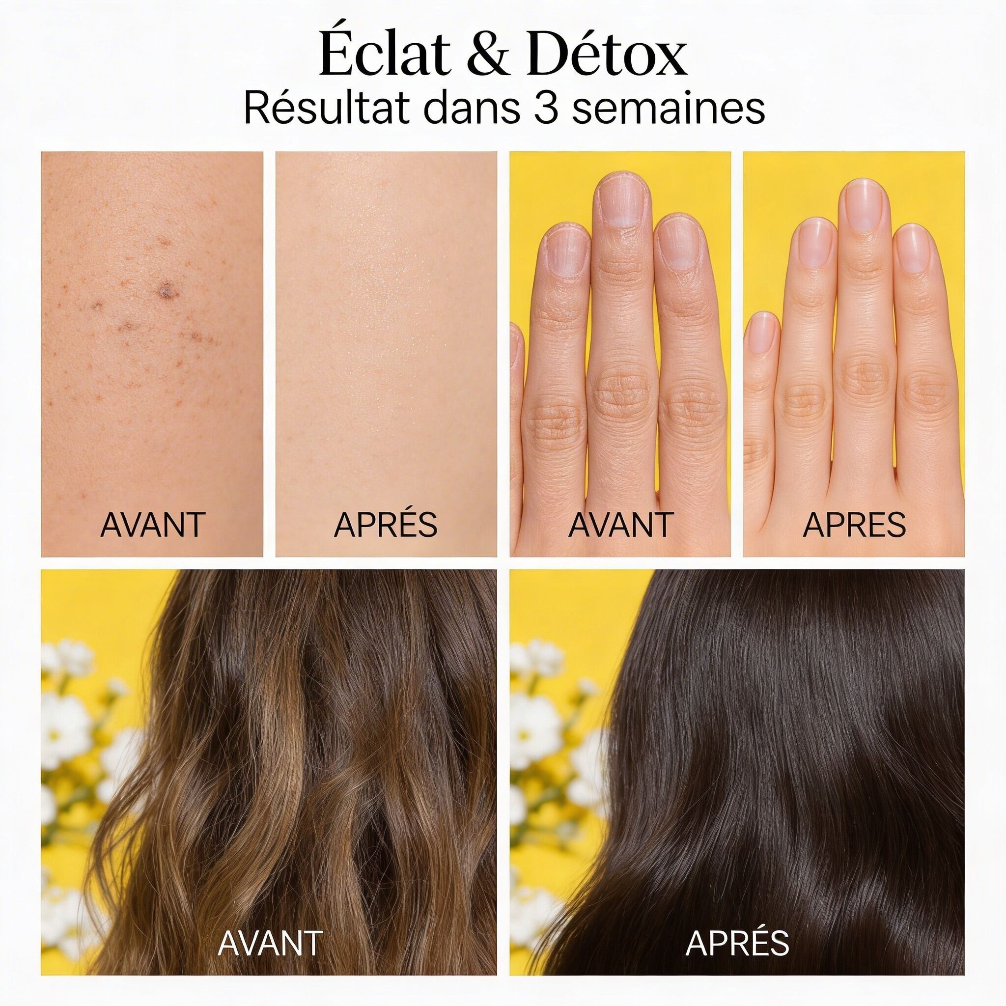Before and after results showing skin, nails, and hair improvement with Huile Essentielle de Citron BIO – Éclat & Détox in 3 weeks