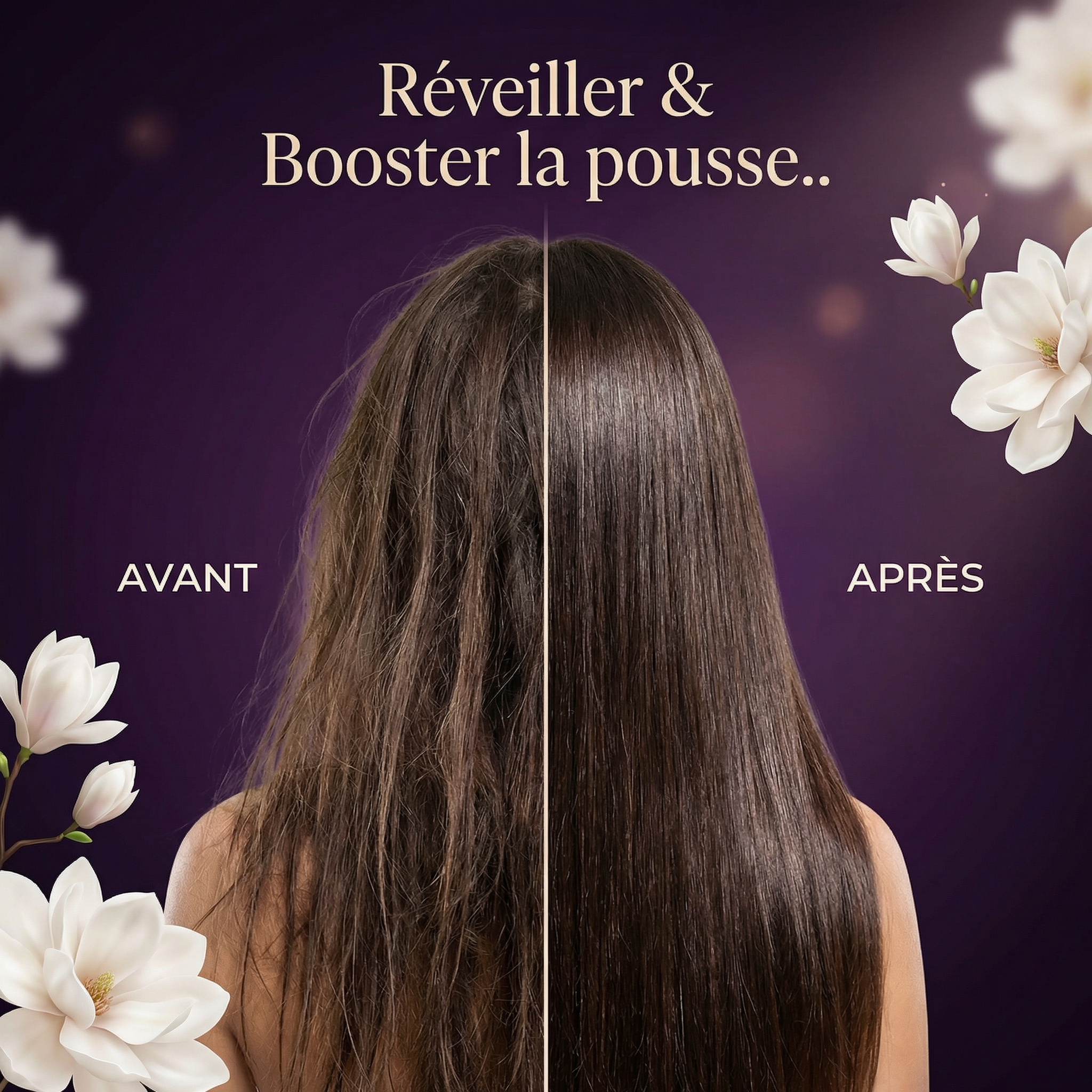Huile Essentielle Romarin à Cinéole BIO | Tonifie le cuir chevelu & stimule la pousse shown with before and after hair growth results.