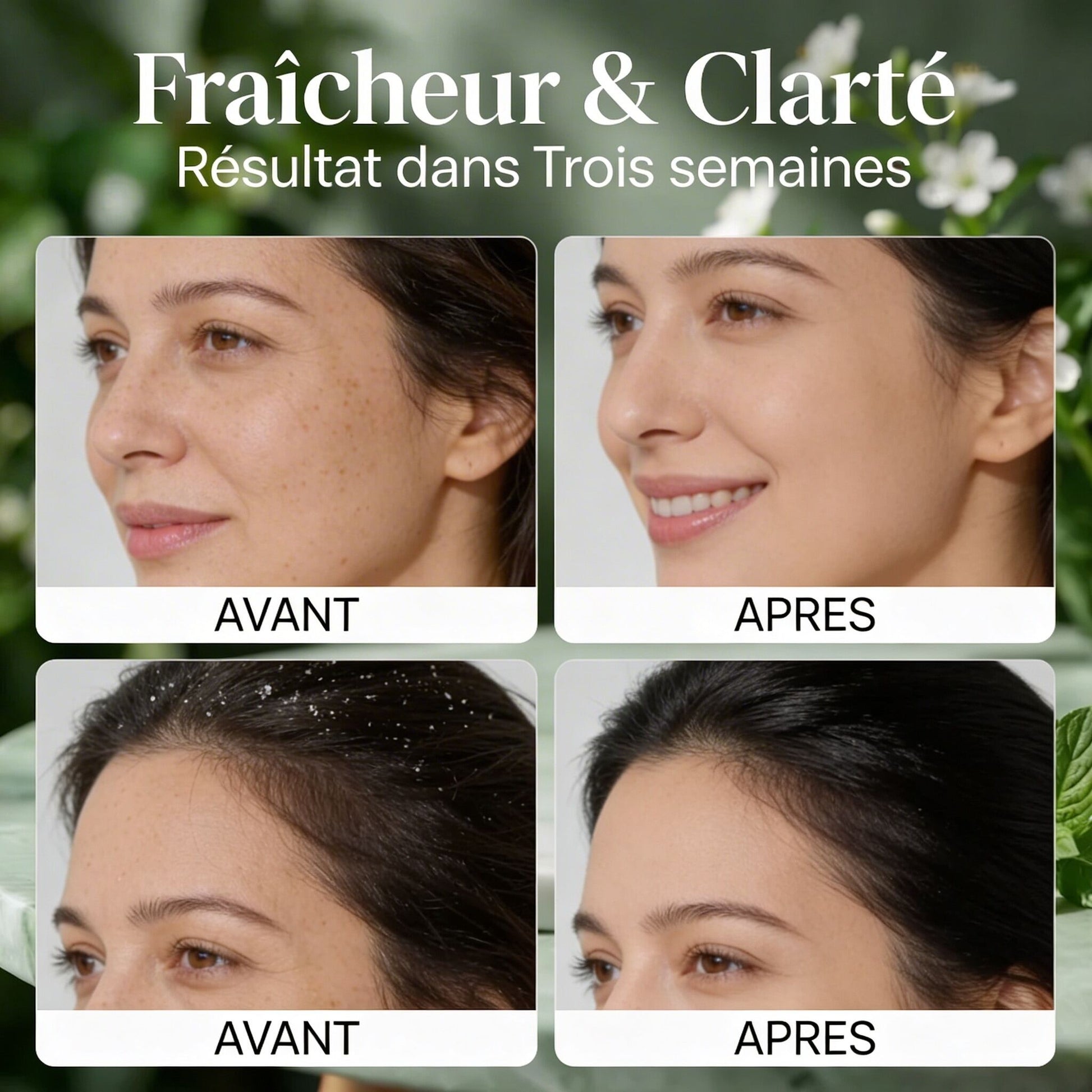 Before and after photos showing facial clarity and dandruff reduction using Huile Essentielle de Menthe Poivrée BIO – Fraîcheur & Clarté