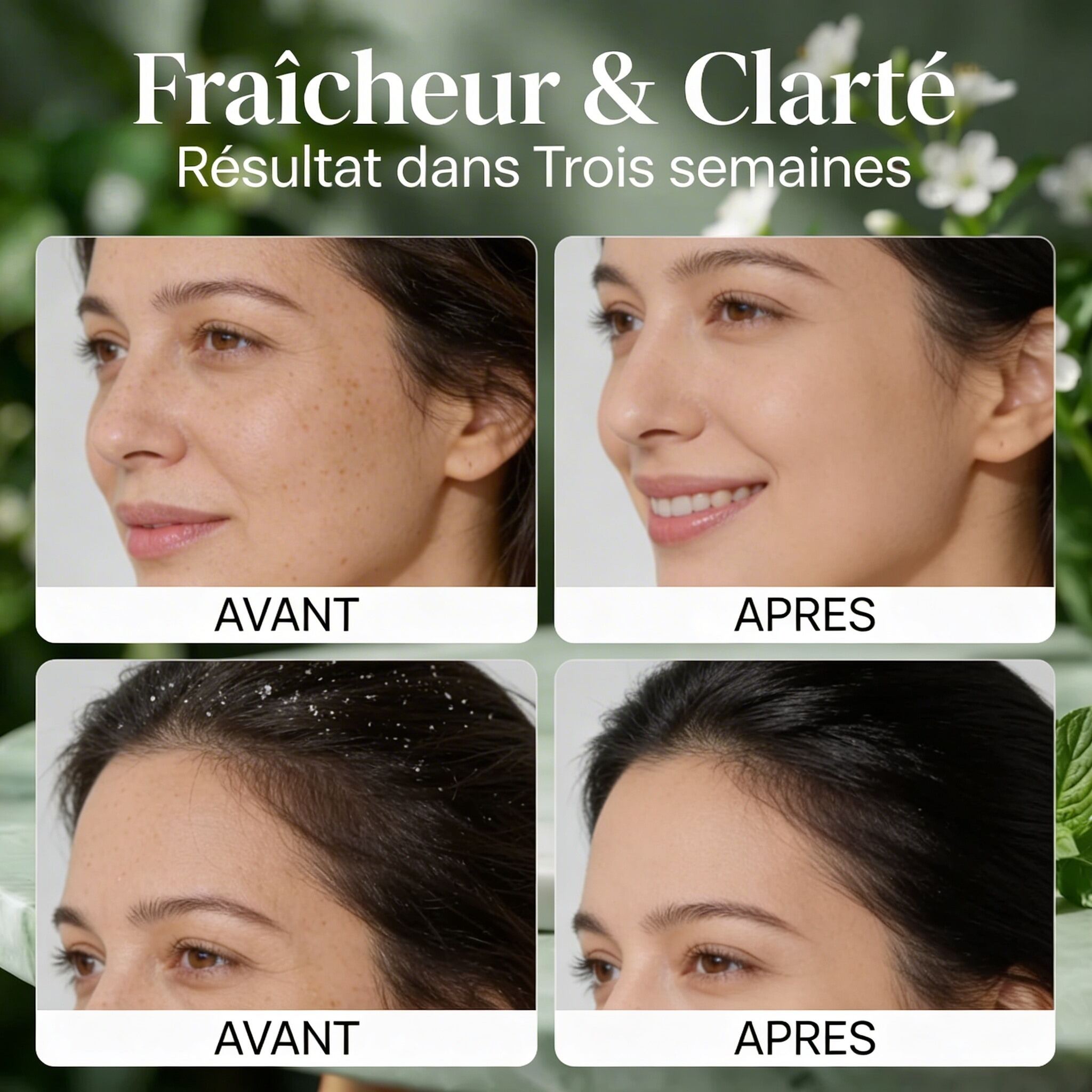 Before and after photos showing facial clarity and dandruff reduction using Huile Essentielle de Menthe Poivrée BIO – Fraîcheur & Clarté