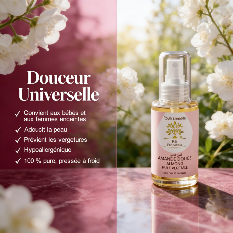 Huile d'Amande Douce BIO – Douceur Universelle bottle with almond blossoms and skincare benefits listed in French text.