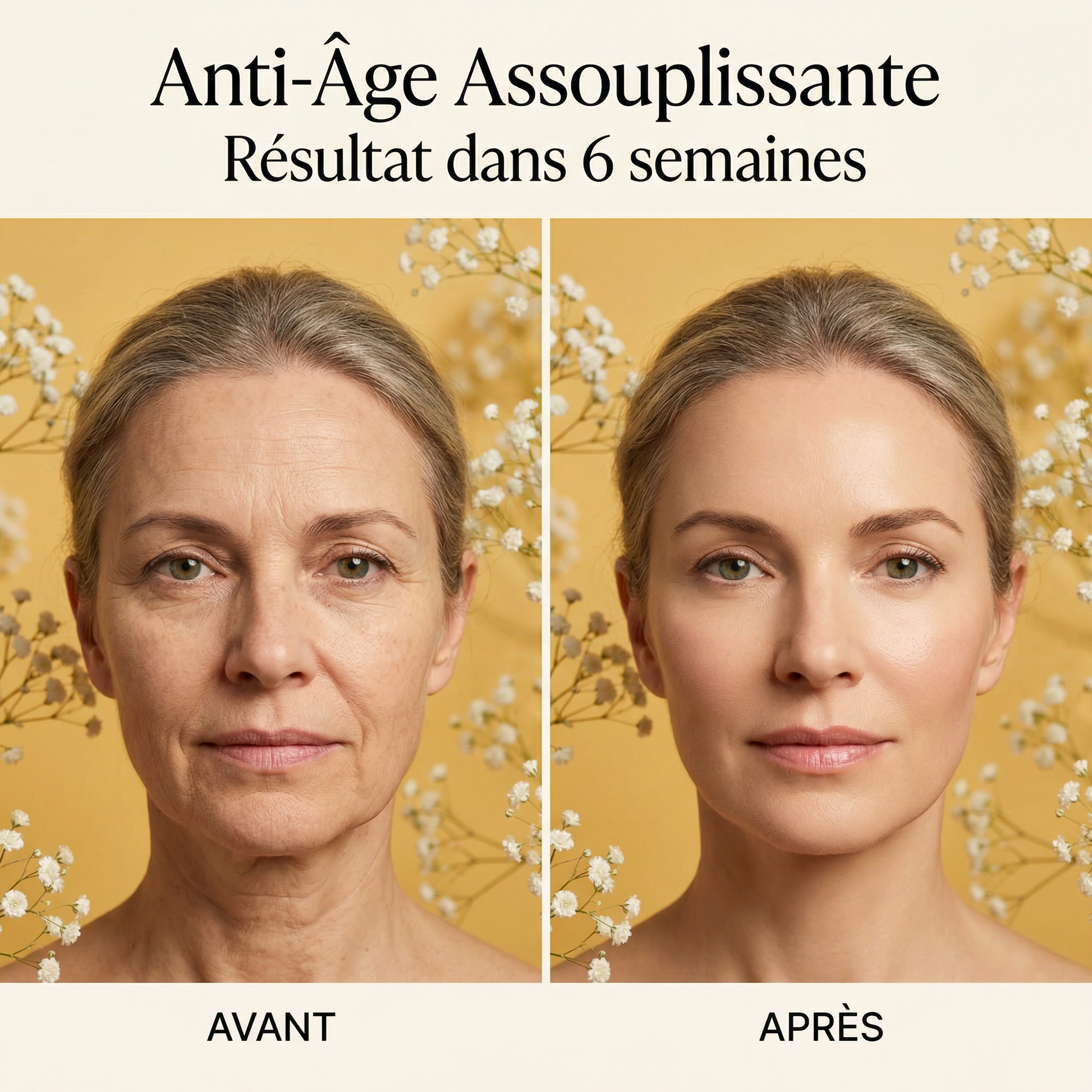 Before and after comparison showing anti-aging results after six weeks using Huile Végétale de Soja BIO – Anti-Âge Assouplissante.