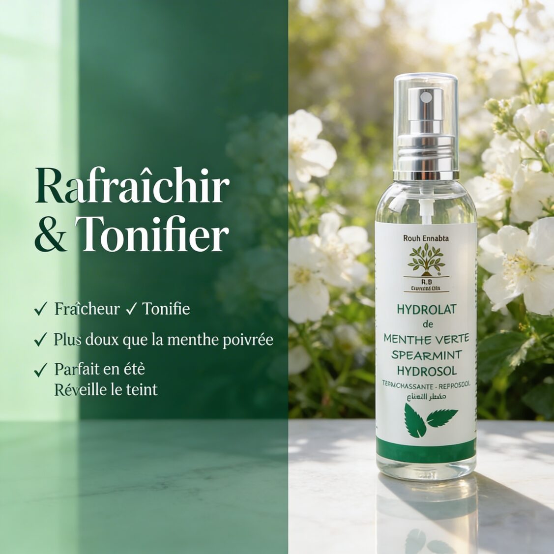 Hydrolat de Menthe Verte BIO – Bénéfices : fraîcheur, tonifie, plus doux que la menthe poivrée, parfait en été