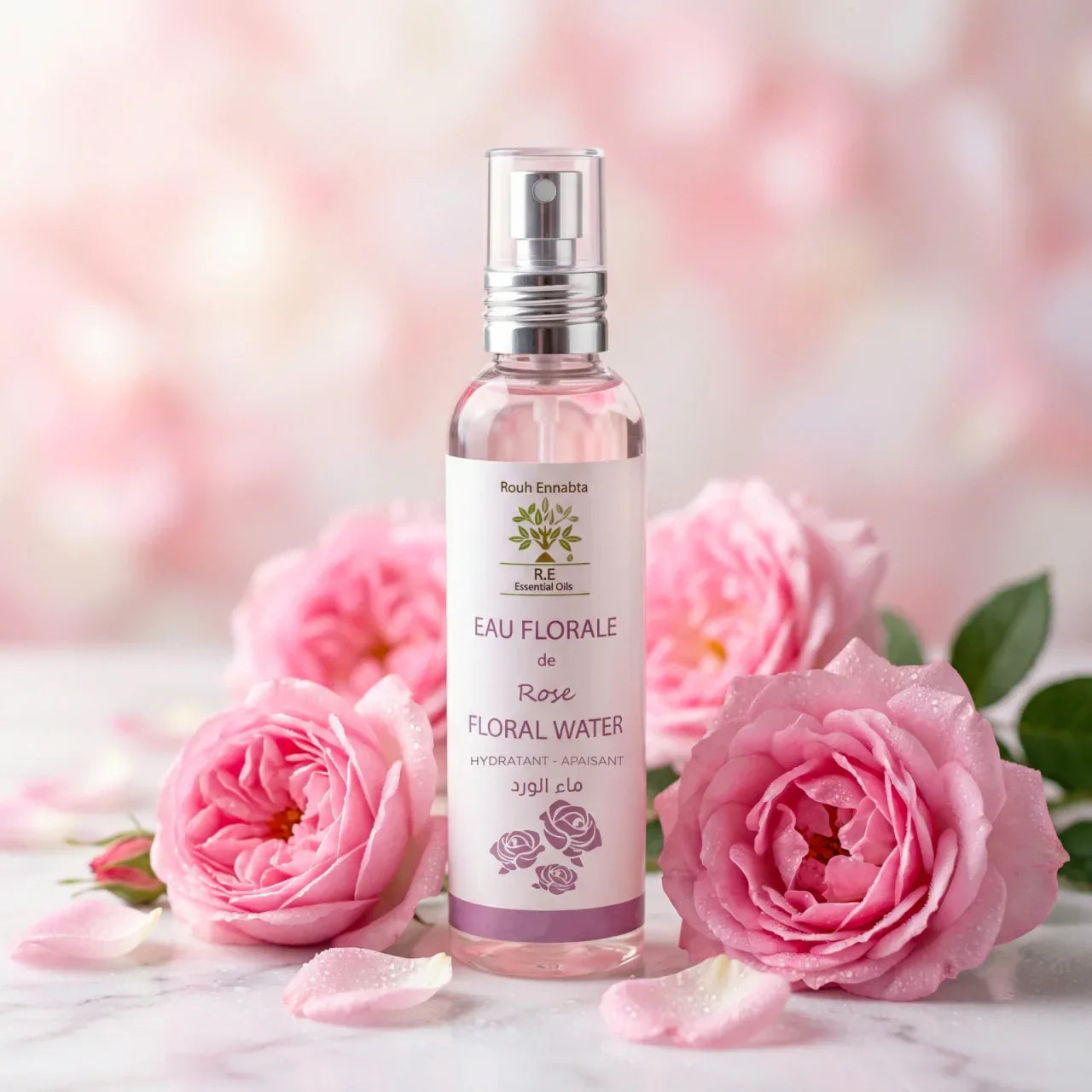 Flacon spray d'eau de rose de Damas bio Jodhur entouré de pétales de rose roses — éclat premium Maroc