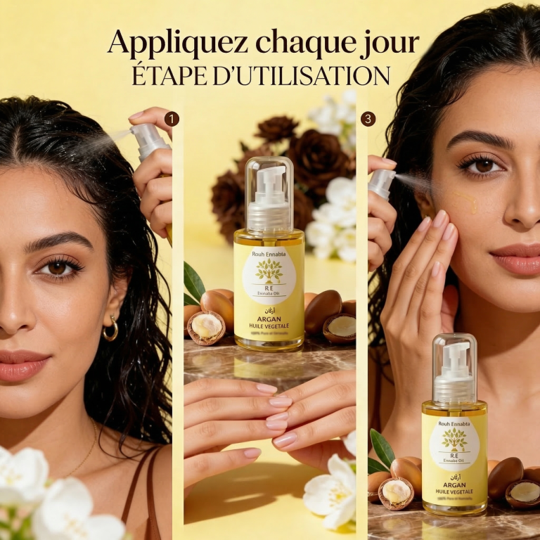 Woman demonstrating application of Huile d'Argan Pure BIO – Trésor Anti-âge facial oil with product bottle and argan nuts visible
