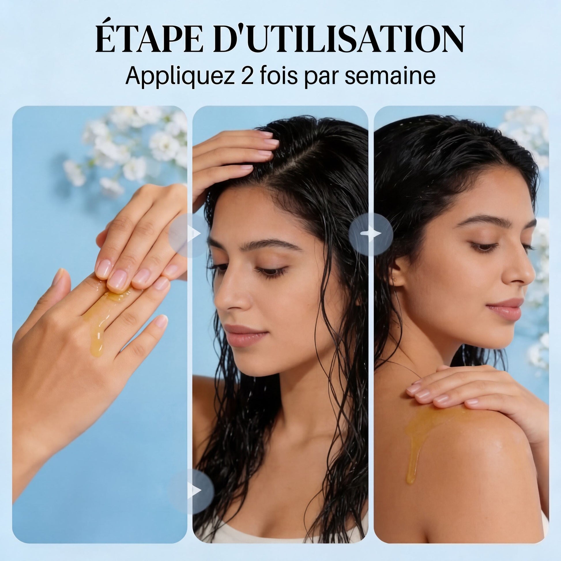 Step-by-step application of Huile Essentielle Origan Compact BIO | Anti-infectieuse & stimulante on hand, hair, and shoulder.