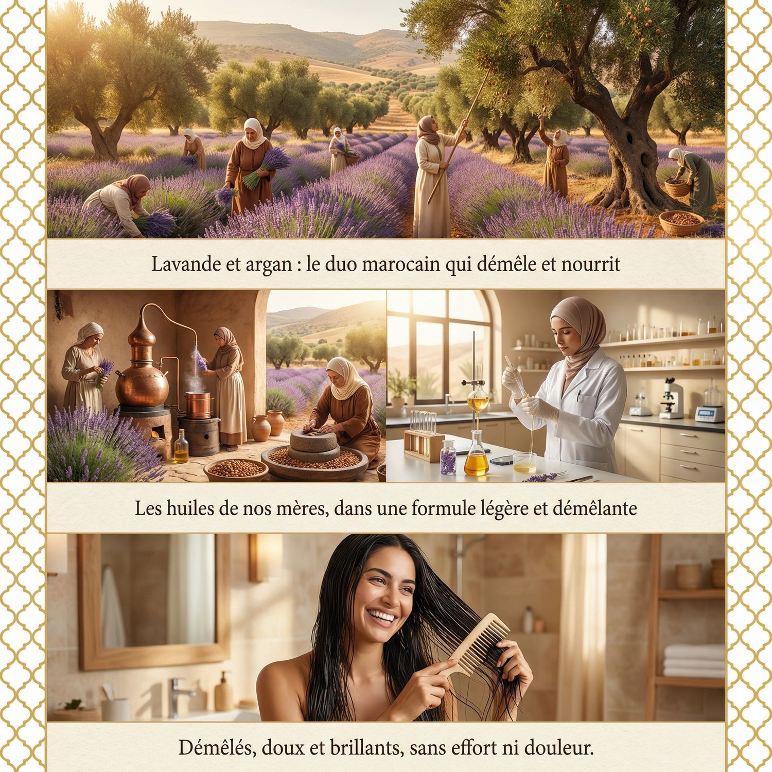 Women harvesting lavender and argan, traditional oil extraction, lab scientist mixing formulas, woman smiling while combing hair