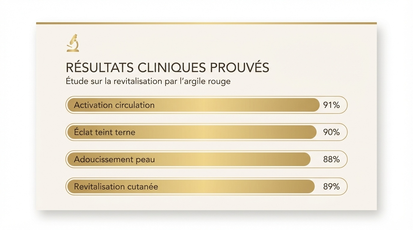 Clinical results chart showing proven benefits of red clay for circulation, complexion, skin softening, and revitalization percentages.