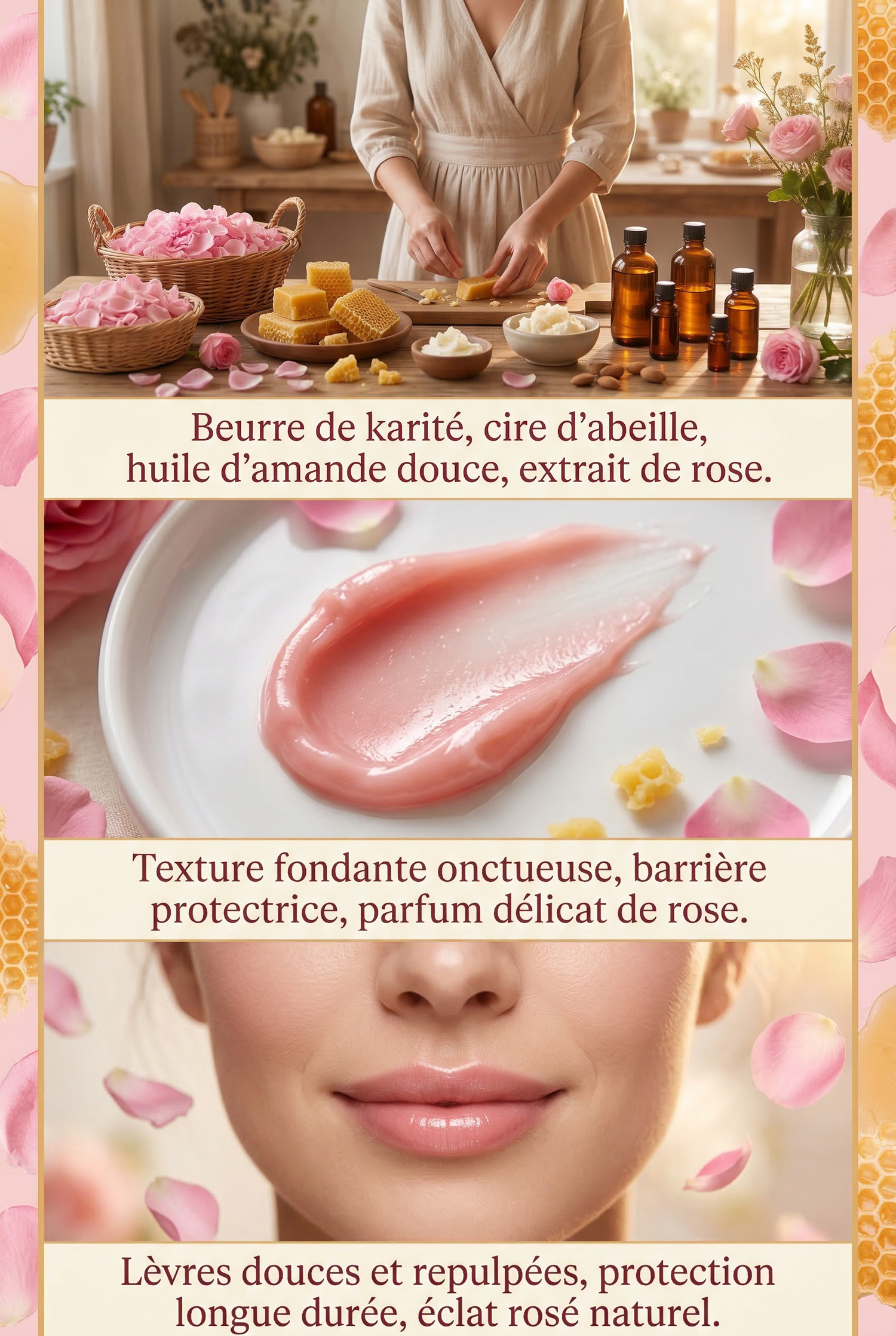 Woman preparing natural skincare ingredients, a close-up of pink cream texture, and smooth lips with a natural rose glow.