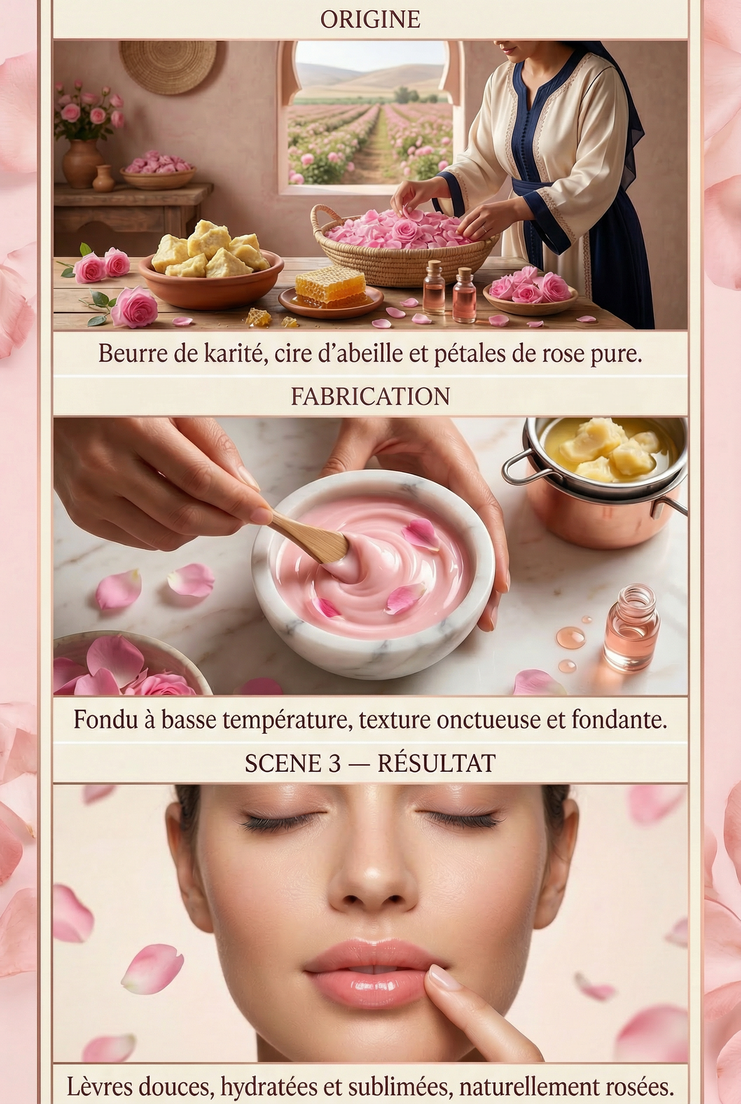 Woman in traditional dress handling rose petals, mixing creamy pink rose balm, and close-up of hydrated lips with rose petals.