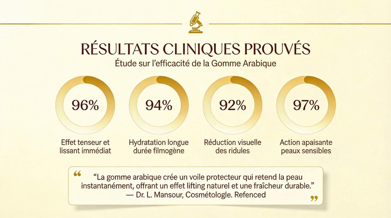 Clinical results showing percentages of immediate tightening, long hydration, wrinkle reduction, and soothing effects on sensitive skin.
