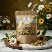 Sachet kraft de fleurs de camomille séchée bio Jodhur — infusion apaisante peau et yeux Maroc