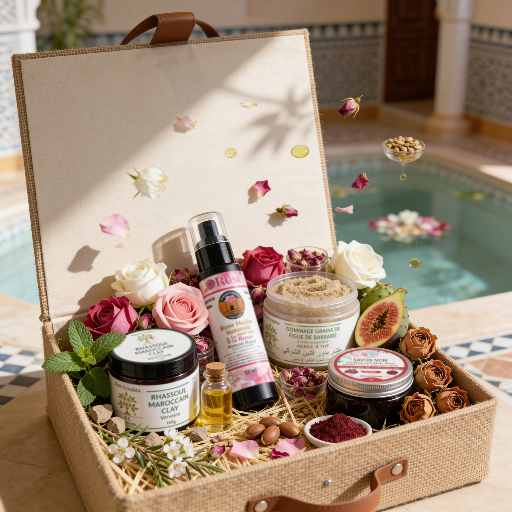 Coffret Hammam Royal JODHUR avec rhassoul, savon noir beldi, gommage figue de barbarie et huile de rose devant fontaine marocaine