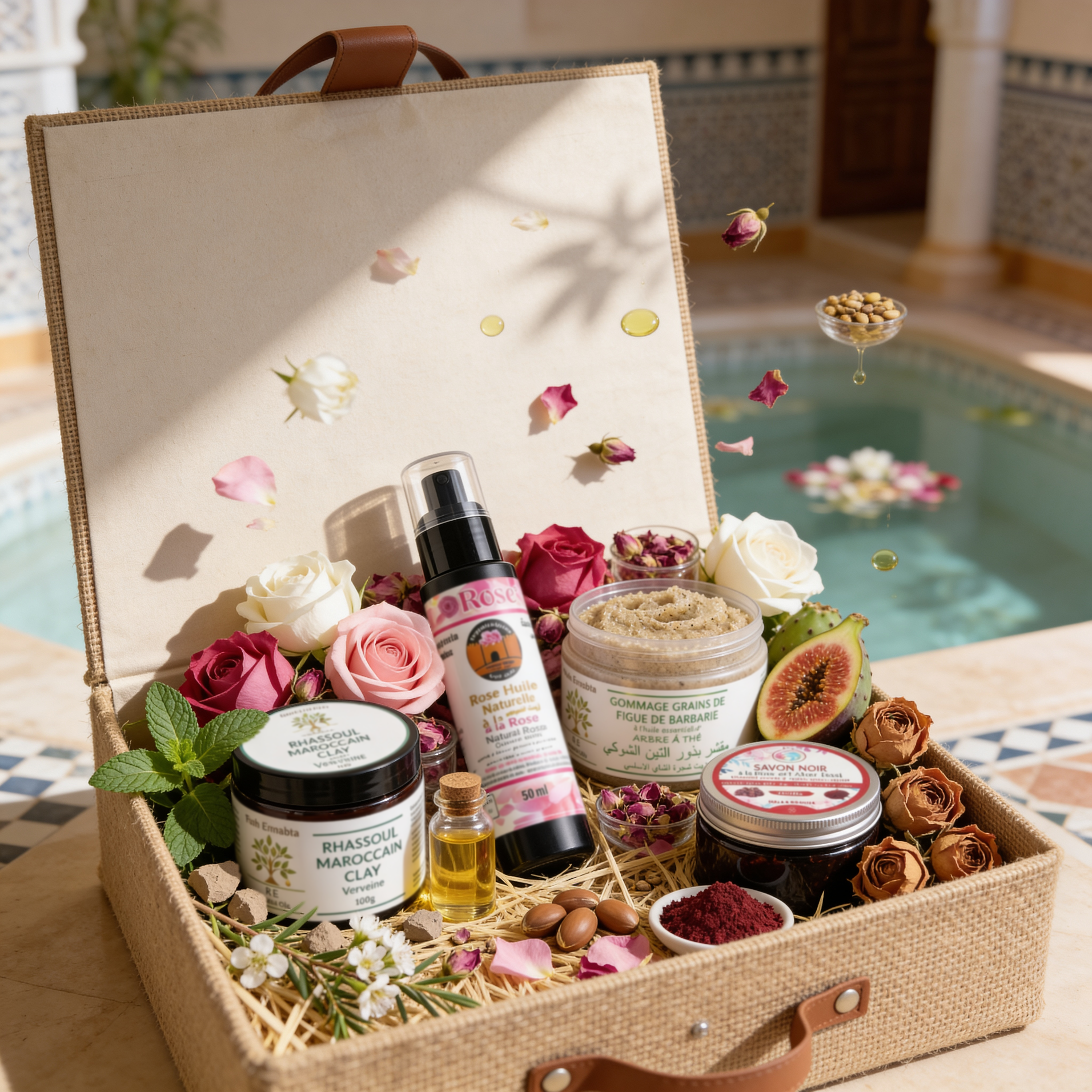 Coffret Hammam Royal JODHUR avec rhassoul, savon noir beldi, gommage figue de barbarie et huile de rose devant fontaine marocaine