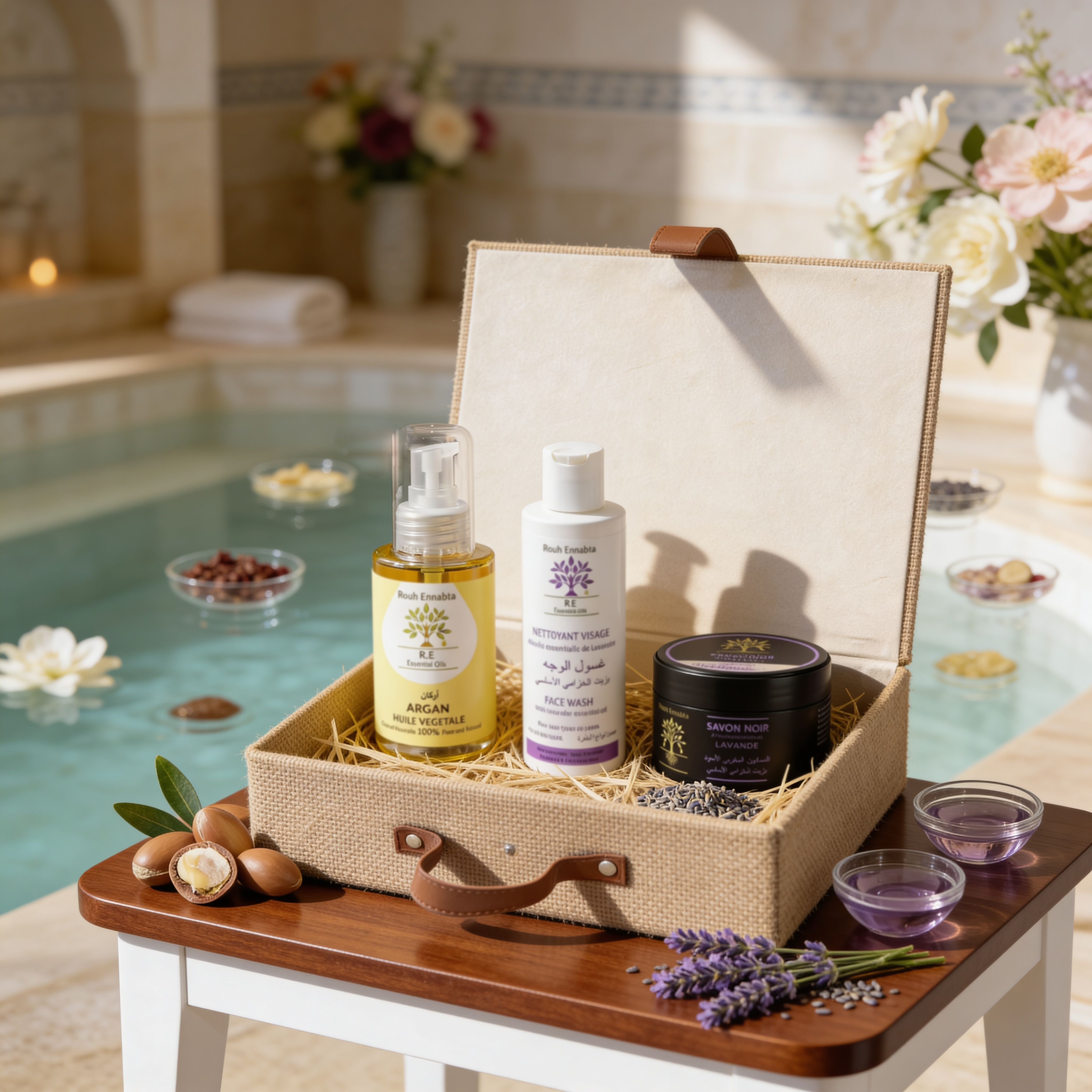 Coffret Homme JODHUR : huile d'argan, nettoyant visage et savon noir à la lavande sur table en bois avec brins de lavande