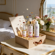 Coffret SOS Peaux Sensibles JODHUR : nettoyant visage, eau florale de rose BIO et huile d'amande douce dans panier en raphia