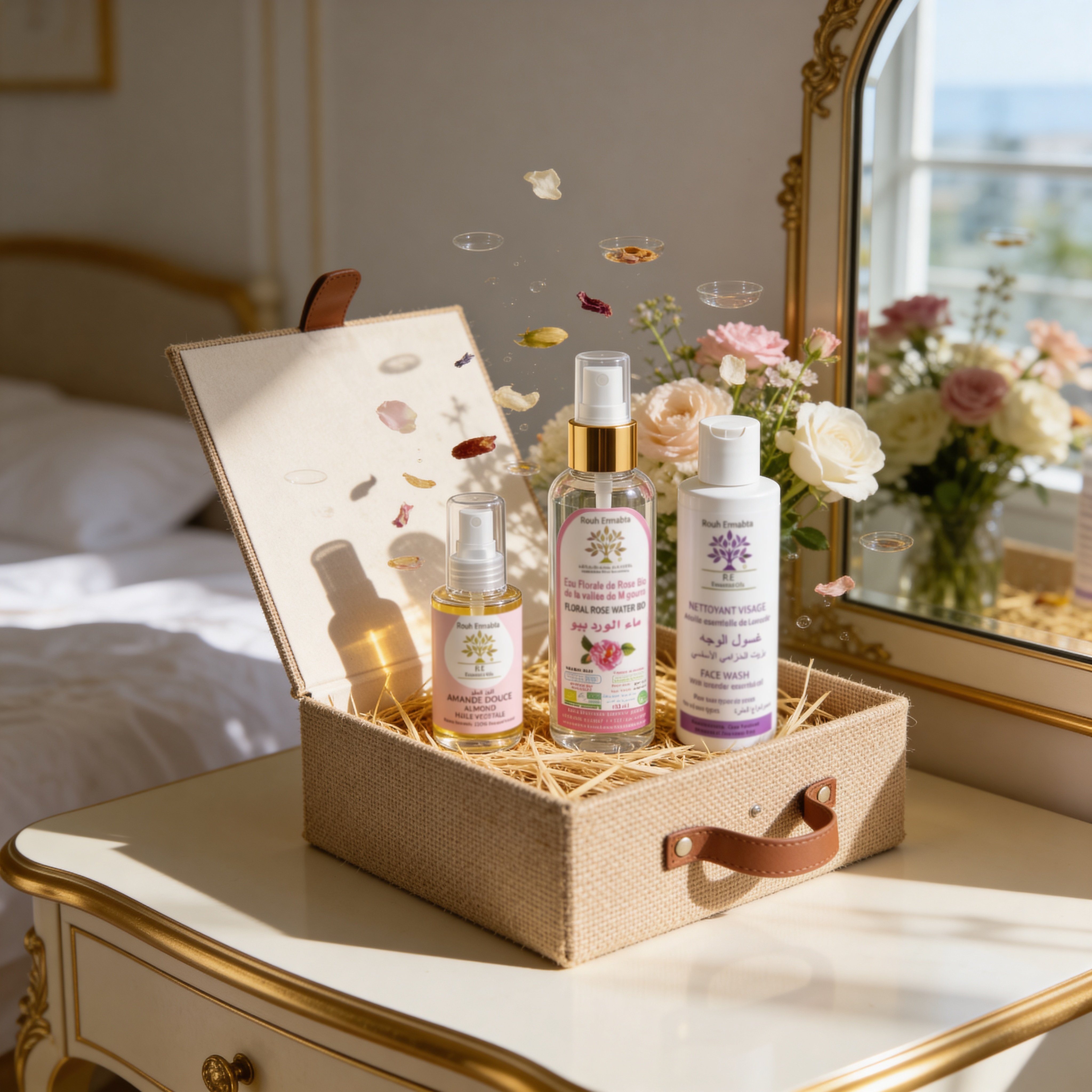 Coffret SOS Peaux Sensibles JODHUR : nettoyant visage, eau florale de rose BIO et huile d'amande douce dans panier en raphia