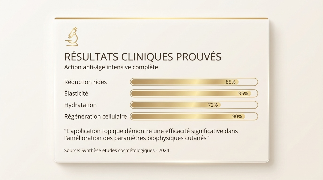 Clinical results chart showing anti-aging effects with 85% wrinkle reduction, 95% elasticity, 72% hydration, and 90% cellular regeneration.
