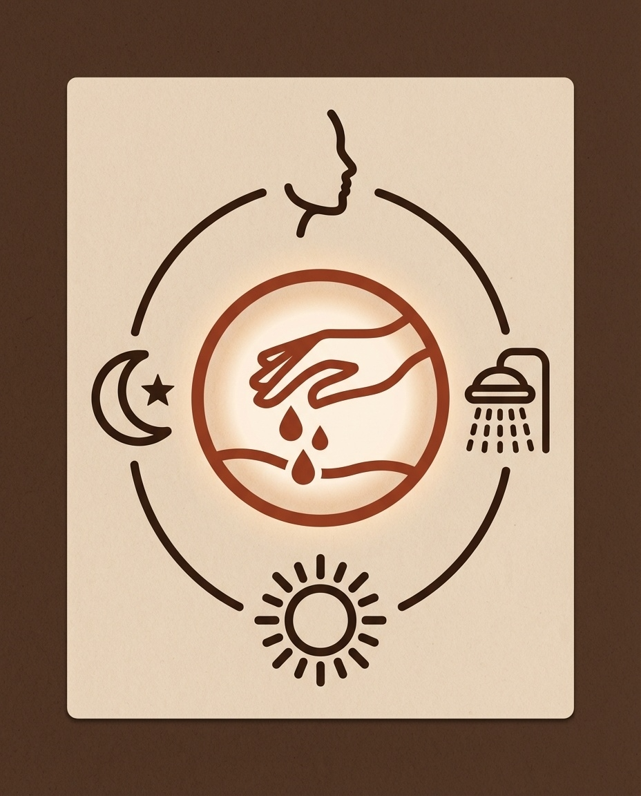 Illustration showing daily skincare routine with washing hands, sun, moon, shower, and face outline icons.