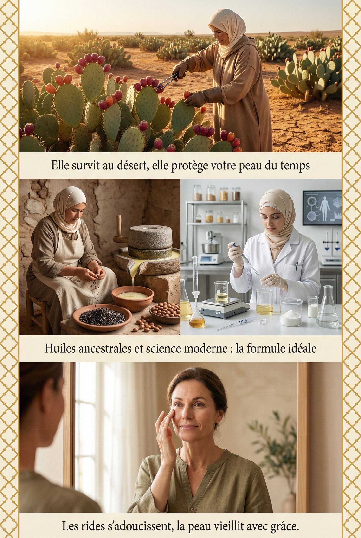 Woman harvesting prickly pear cactus, crafting oils, and applying skincare in a natural and scientific setting.